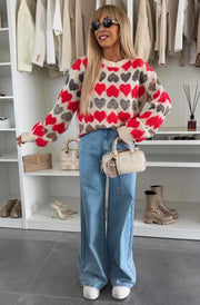 Mandie Contrast Heart Patterned Knitted Jumper-Red