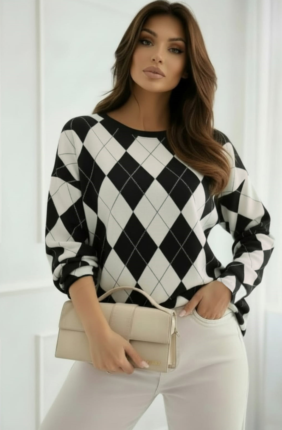 Mara Argyle Diamond Print Long Sleeve Sweatshirt Top - Black