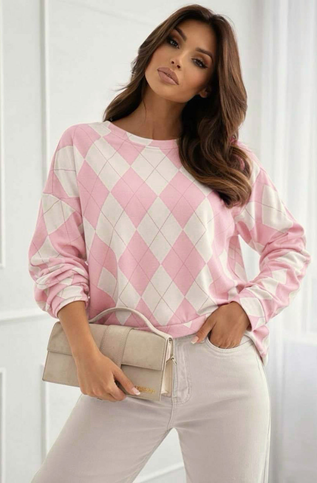Mara Argyle Diamond Print Long Sleeve Sweatshirt Top - Pink