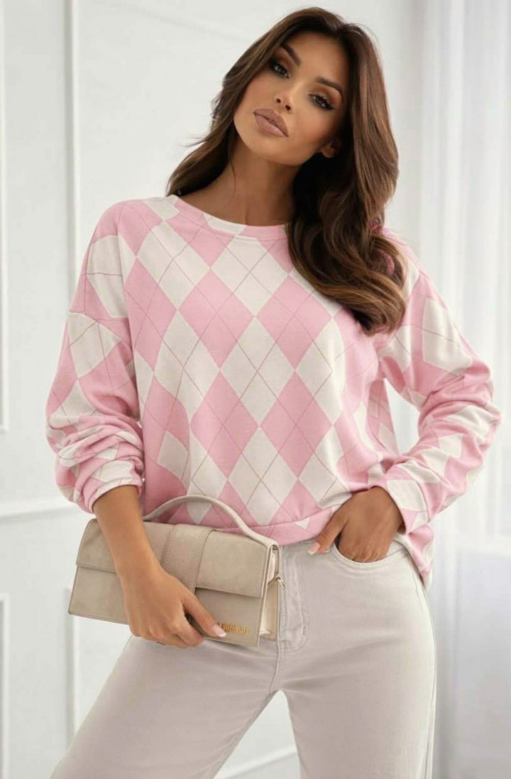 Mara Argyle Diamond Print Long Sleeve Sweatshirt Top - Pink