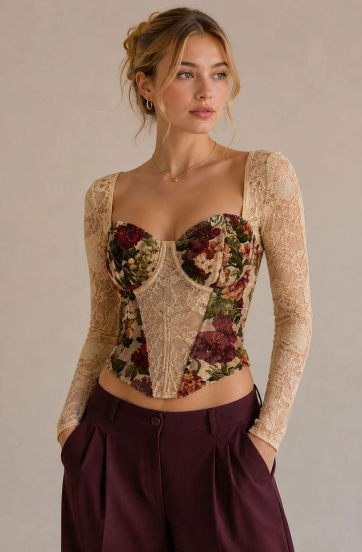 Marcella Floral Sheer Lace Long Sleeve Lace-Up Corset Top