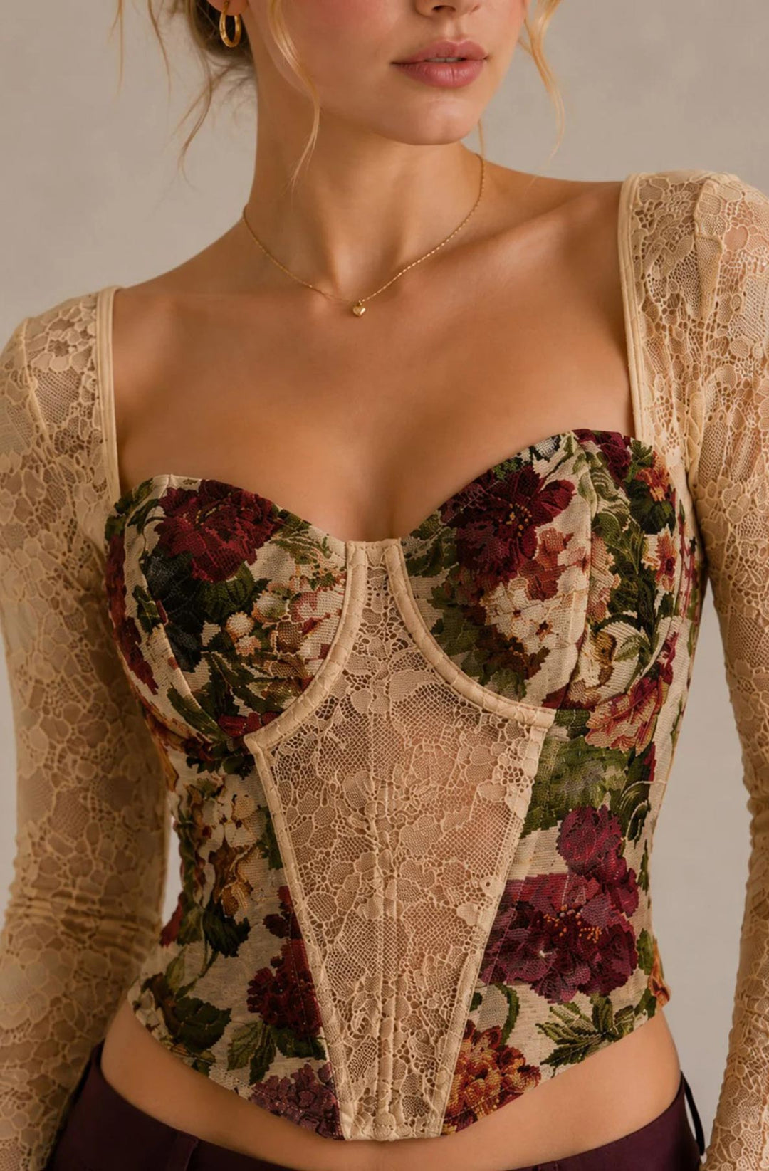 Marcella Floral Sheer Lace Long Sleeve Lace-Up Corset Top