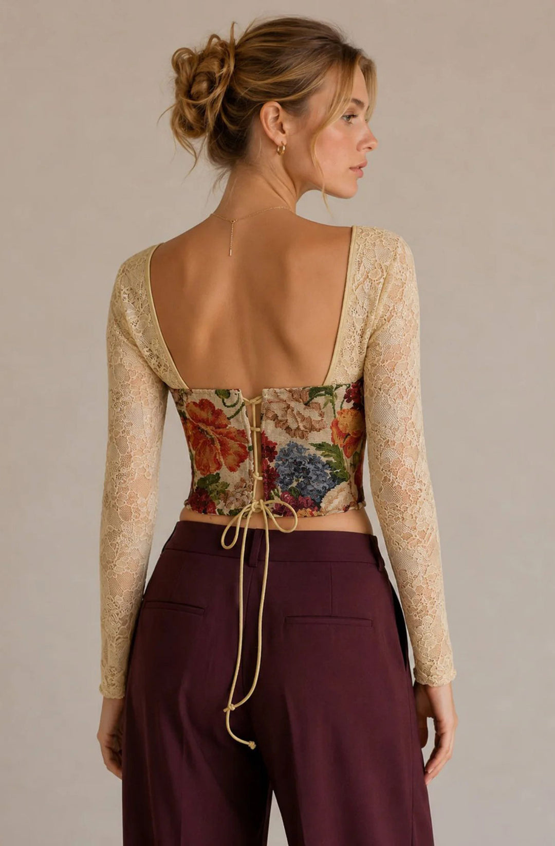 Marcella Floral Sheer Lace Long Sleeve Lace-Up Corset Top