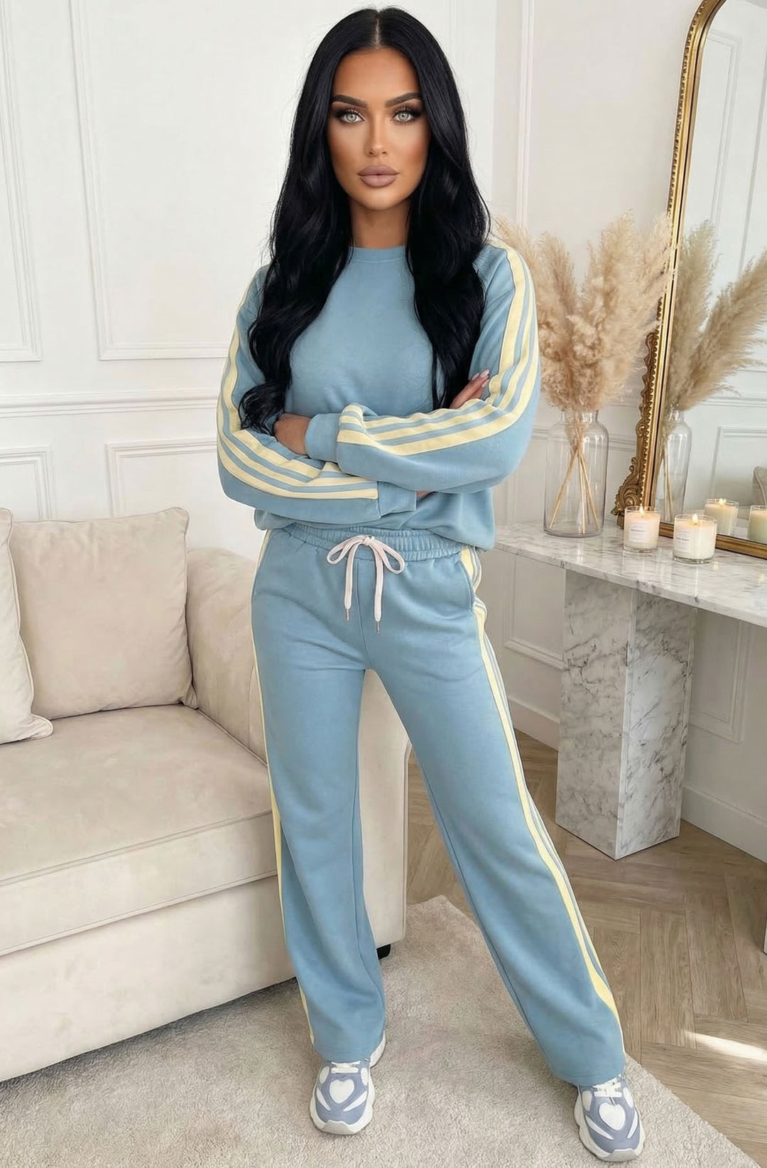 Margot Contrast Side Stripe Relaxed Two-Piece Lounge Set - Blue