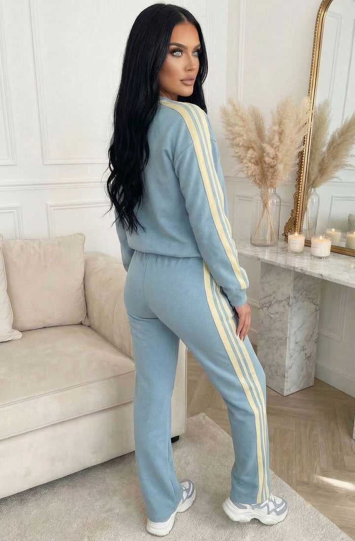 Margot Contrast Side Stripe Relaxed Two-Piece Lounge Set - Blue