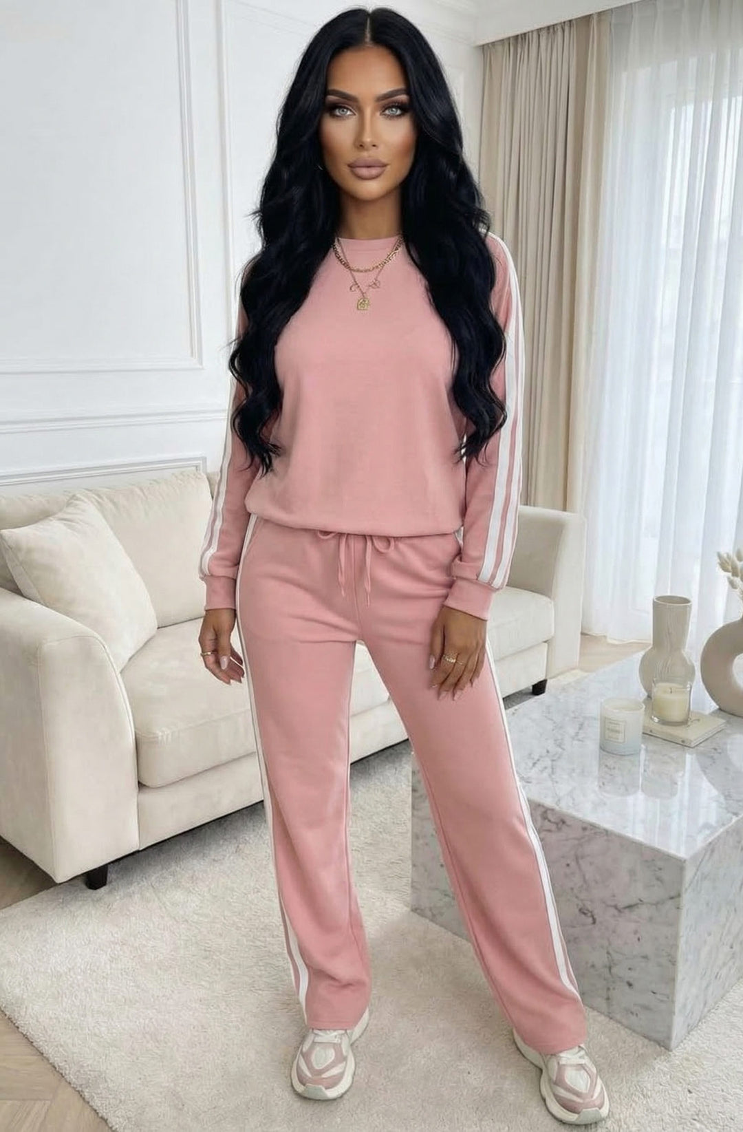 Margot Contrast Side Stripe Relaxed Two-Piece Lounge Set - Dusty Pink