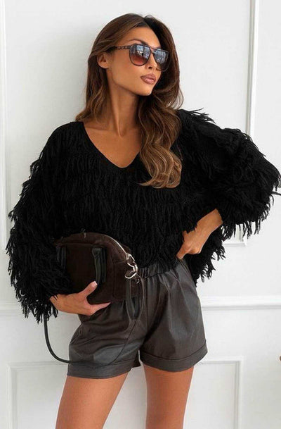 Maribel Boho Tassel Sweater Jumper-Black