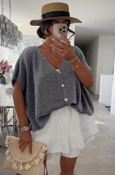 Marie Sleeveless Oversized Knitted Cardigan-Grey