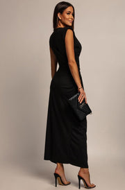 Marielle Sleeveless V-Neck Ring Split Maxi Dress-Black