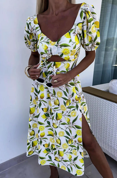 Marika 'Lemon' Printed Cut-Out Midaxi Dress-Ivory