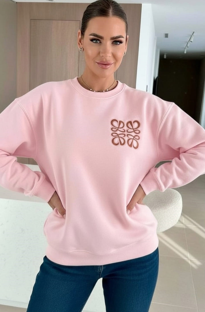 Maris Oversized Embellished Pocket Sweatshirt Top - Baby Pink