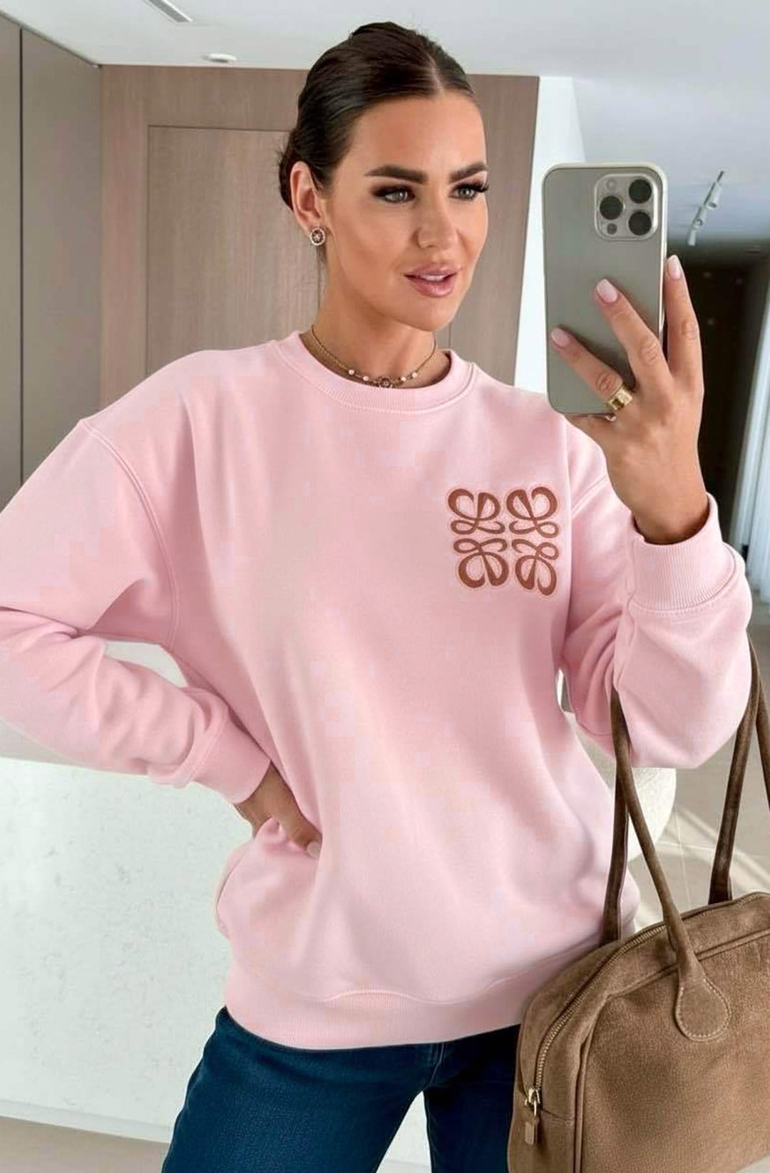 Maris Oversized Embellished Pocket Sweatshirt Top - Baby Pink