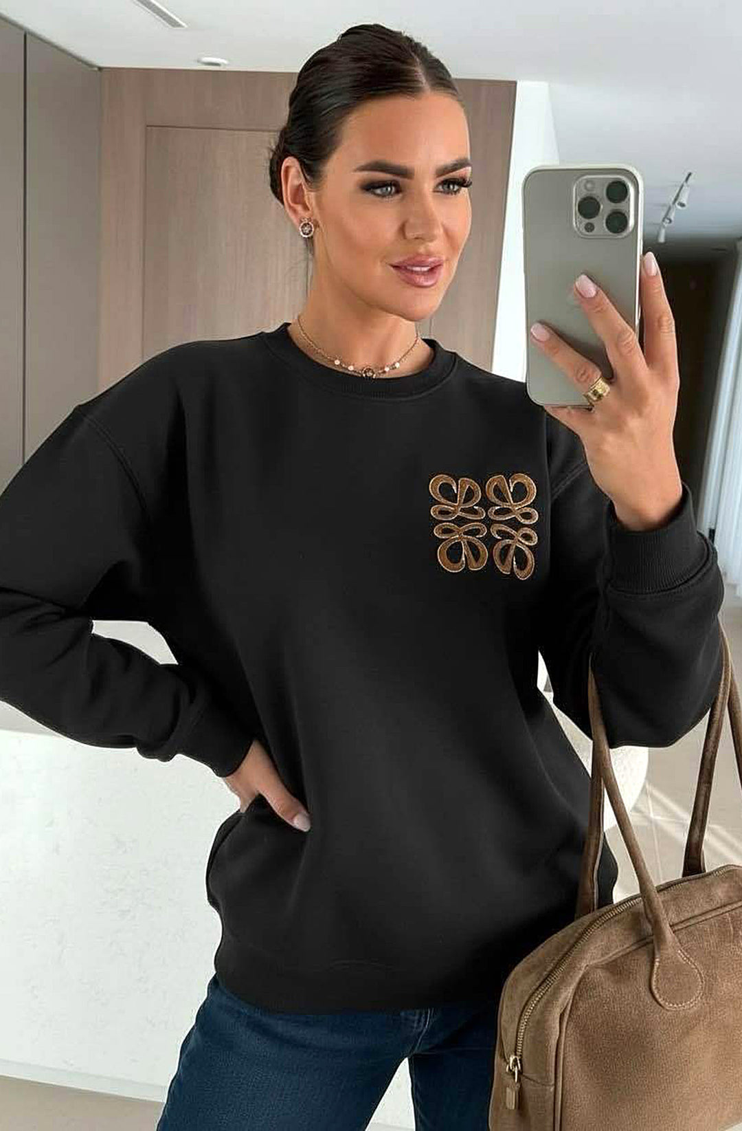 Maris Oversized Embellished Pocket Sweatshirt Top - Black
