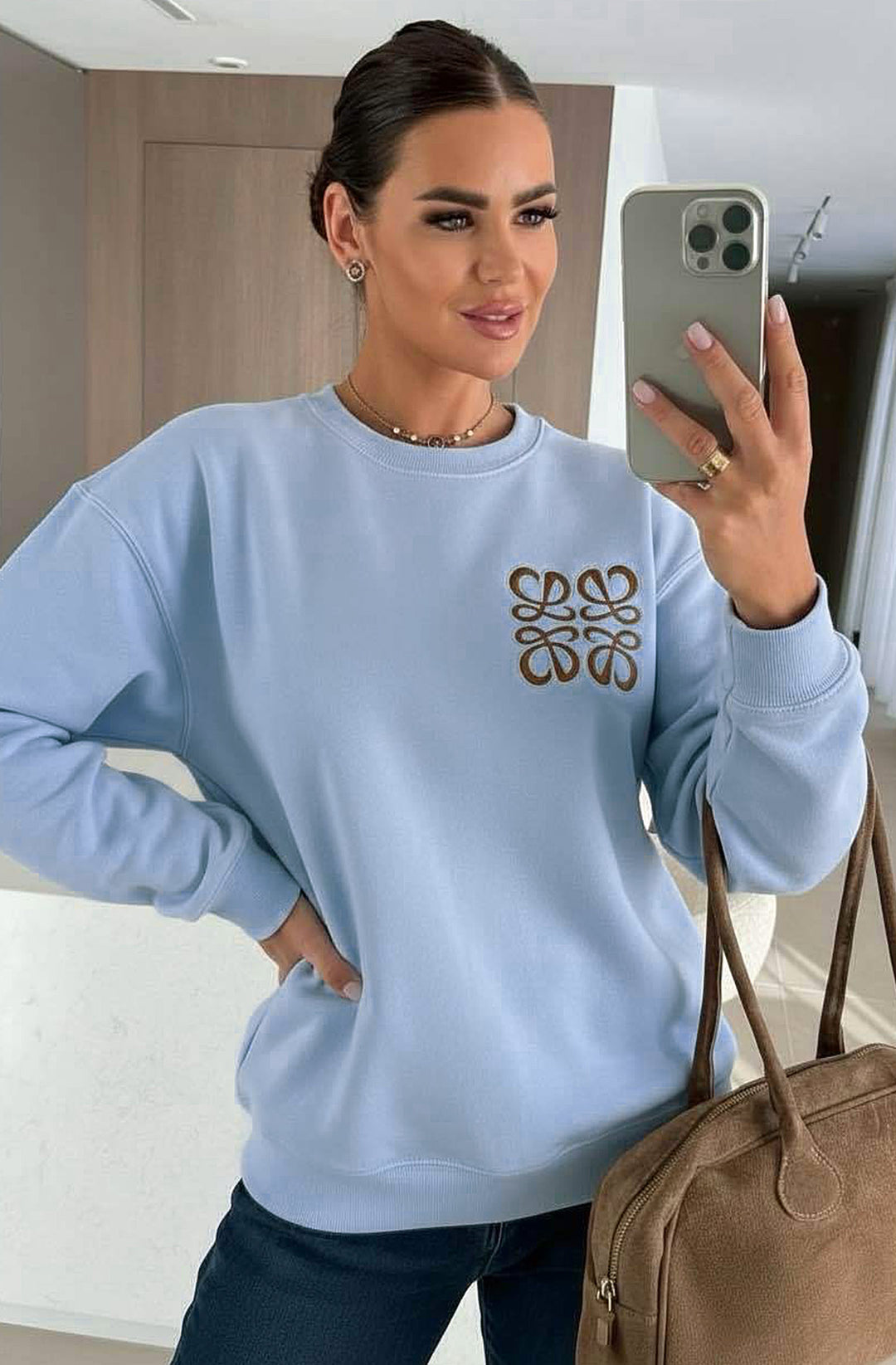 Maris Oversized Embellished Pocket Sweatshirt Top - Blue