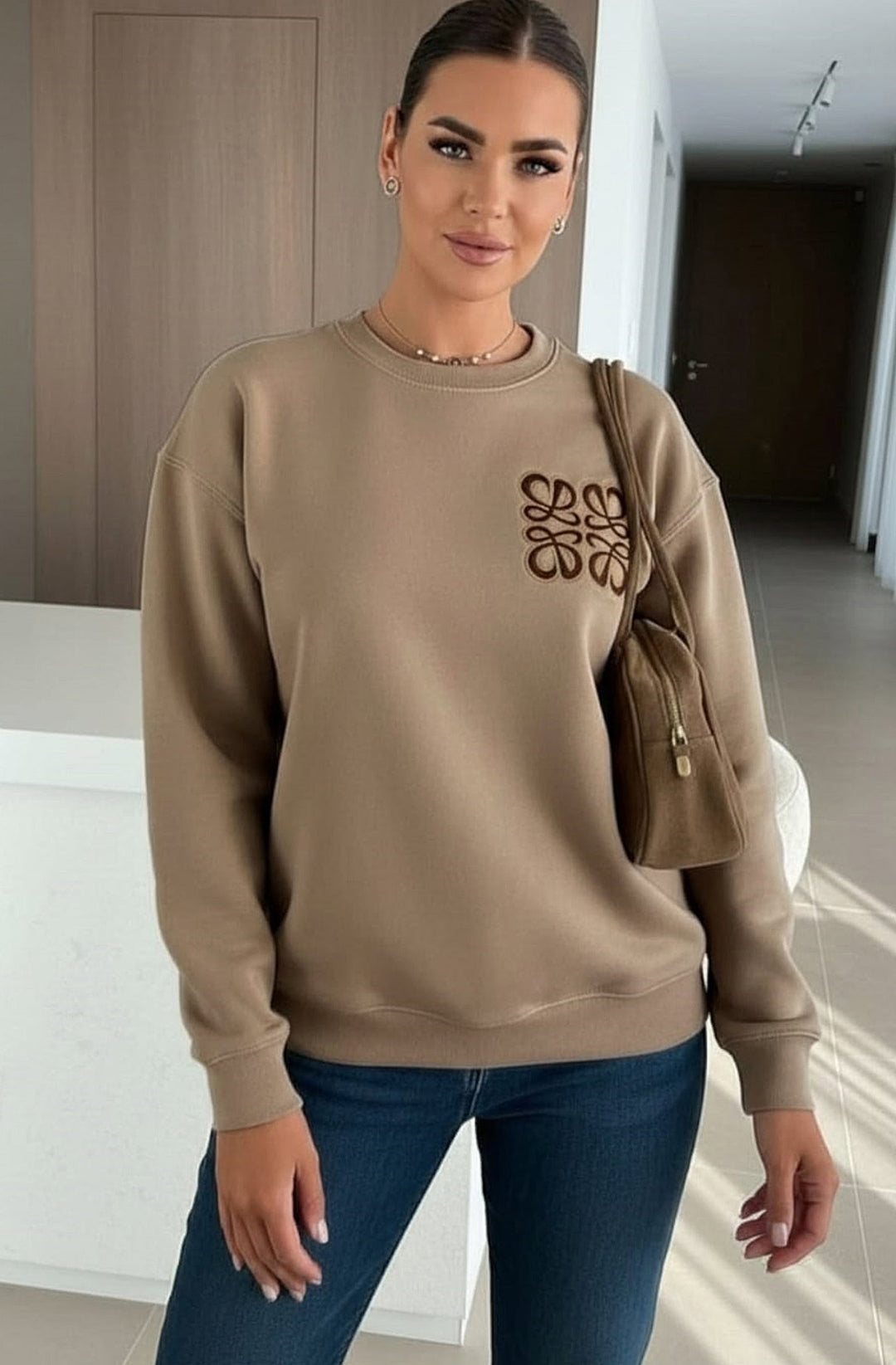 Maris Oversized Embellished Pocket Sweatshirt Top - Camel