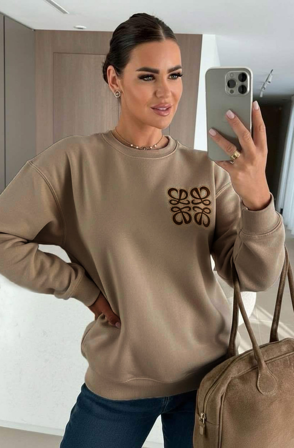 Maris Oversized Embellished Pocket Sweatshirt Top - Camel