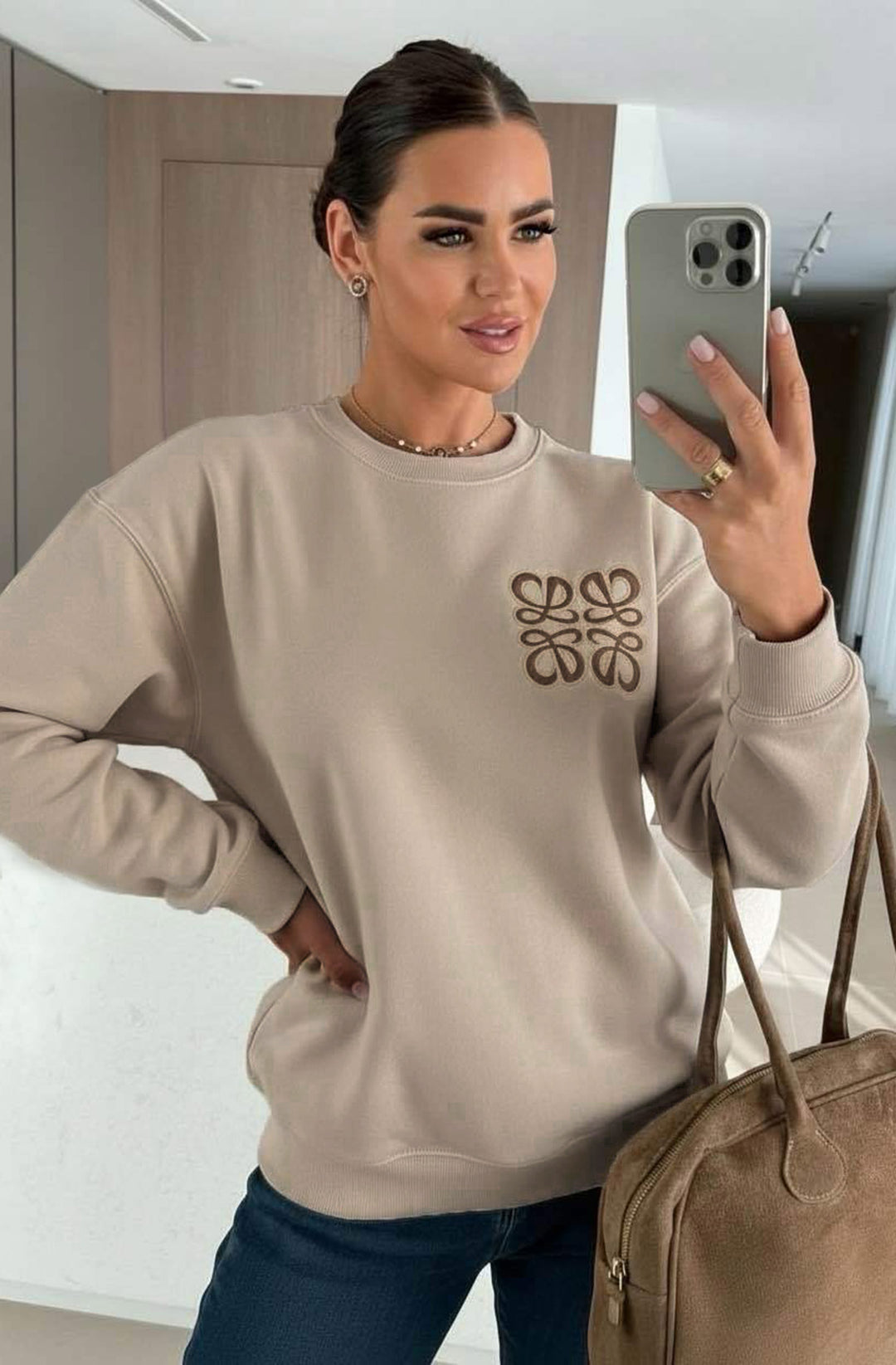 Maris Oversized Embellished Pocket Sweatshirt Top - Stone