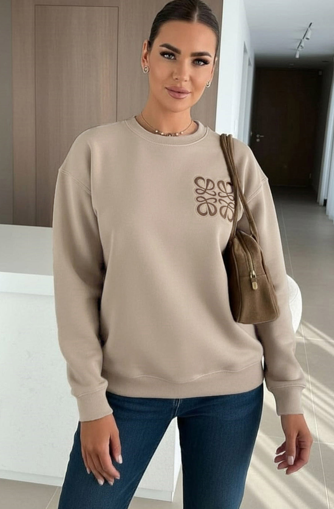 Maris Oversized Embellished Pocket Sweatshirt Top - Stone