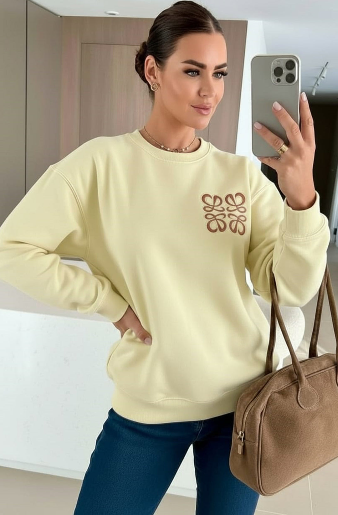 Maris Oversized Embellished Pocket Sweatshirt Top - Yellow