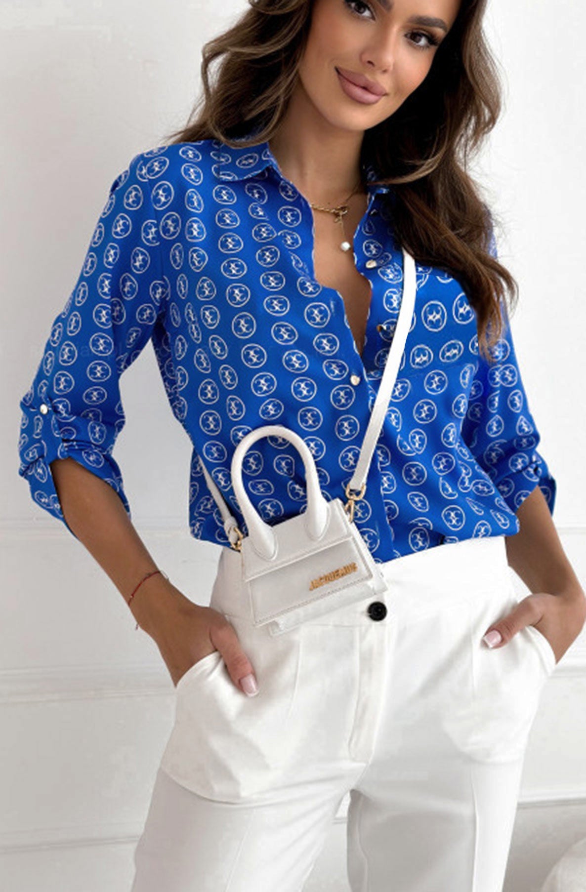 Mariya Patterned Shirt Blouse Top-Royal Blue