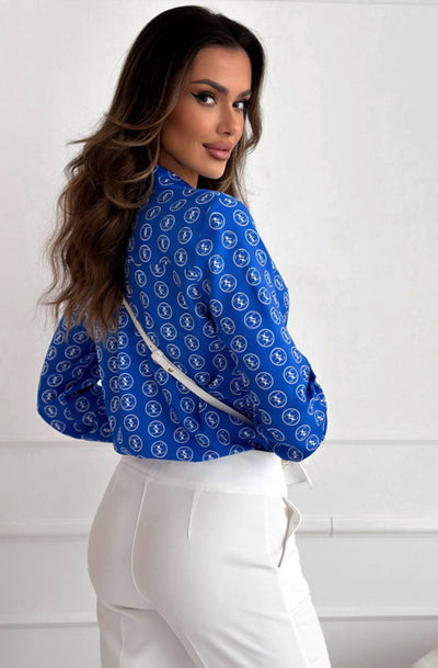 Mariya Patterned Shirt Blouse Top-Royal Blue