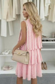 Matilda Polka Dot Tiered Frill Sleeveless Button Midi Dress-Pink