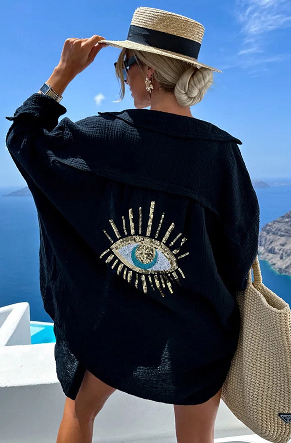 Maxine 'Eye' Sequins Oversized Cotton Gauze Style Shirt Top-Black
