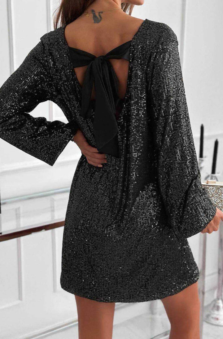 Meliora Sequin Bow-Back Long Sleeve Dress-Black