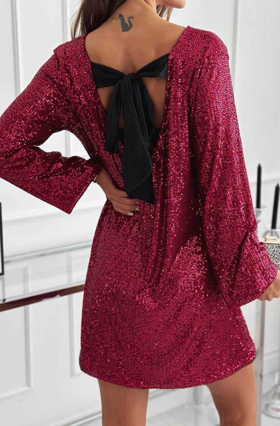 Meliora Sequin Bow-Back Long Sleeve Dress-Wine