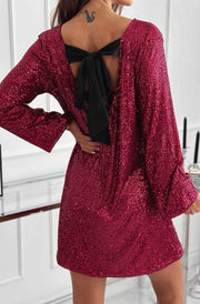 Meliora Sequin Bow-Back Long Sleeve Dress-Wine