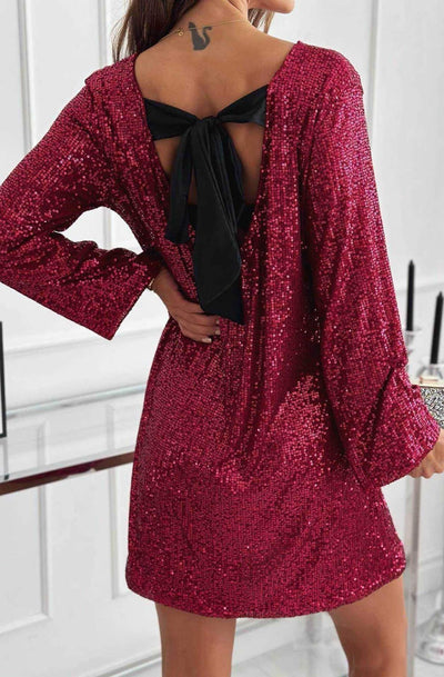 Meliora Sequin Bow-Back Long Sleeve Dress-Wine