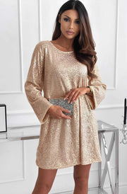 Meliora Sequin Bow-Back Long Sleeve Dress-Gold