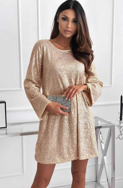 Meliora Sequin Bow-Back Long Sleeve Dress-Gold