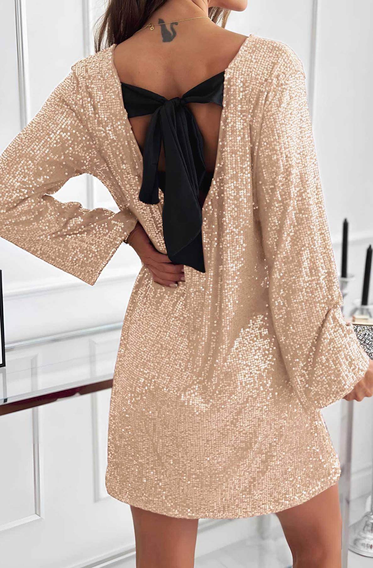 Meliora Sequin Bow-Back Long Sleeve Dress-Gold