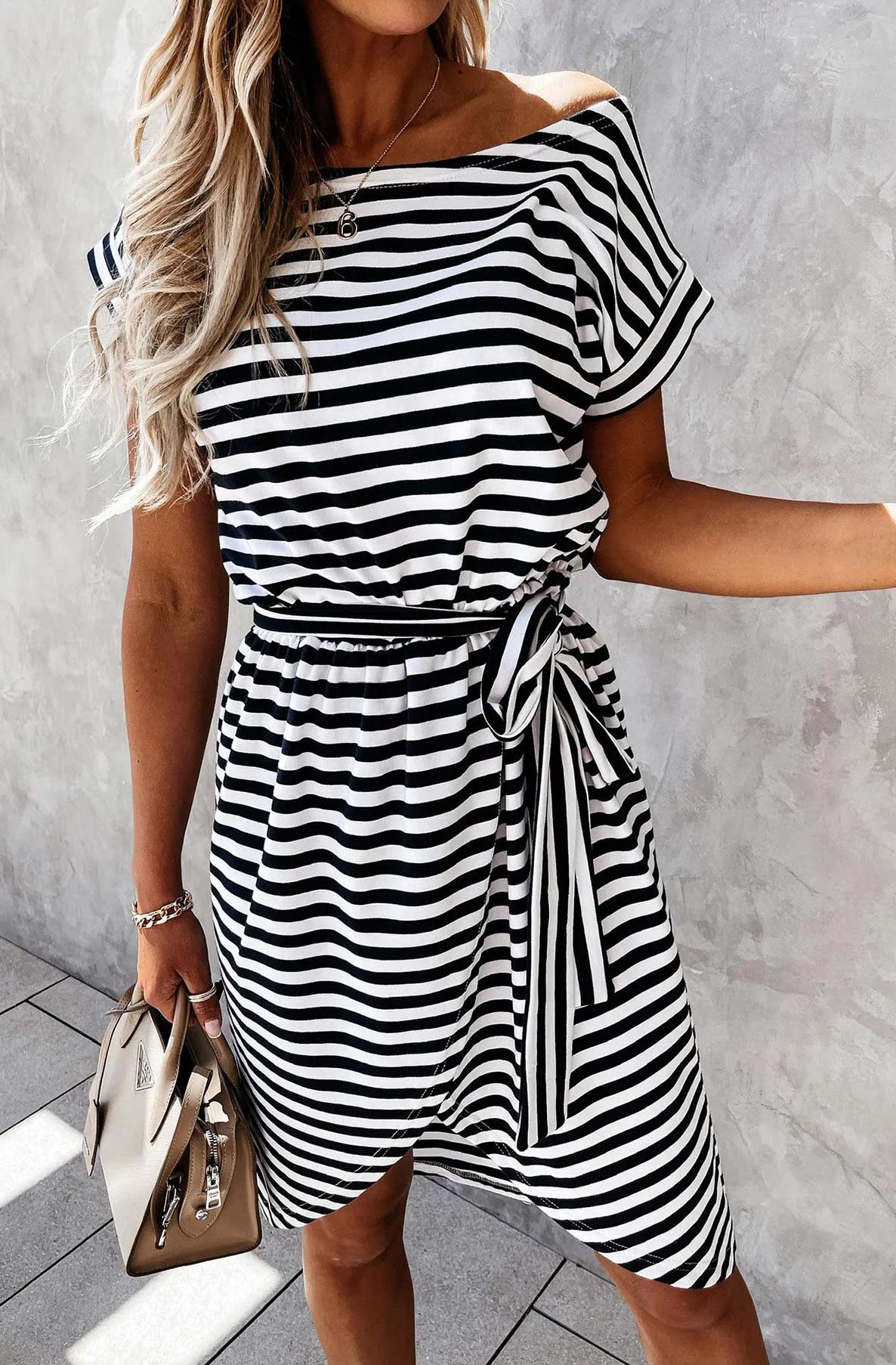 Melorra Striped Front Wrap Belted Dress-Black