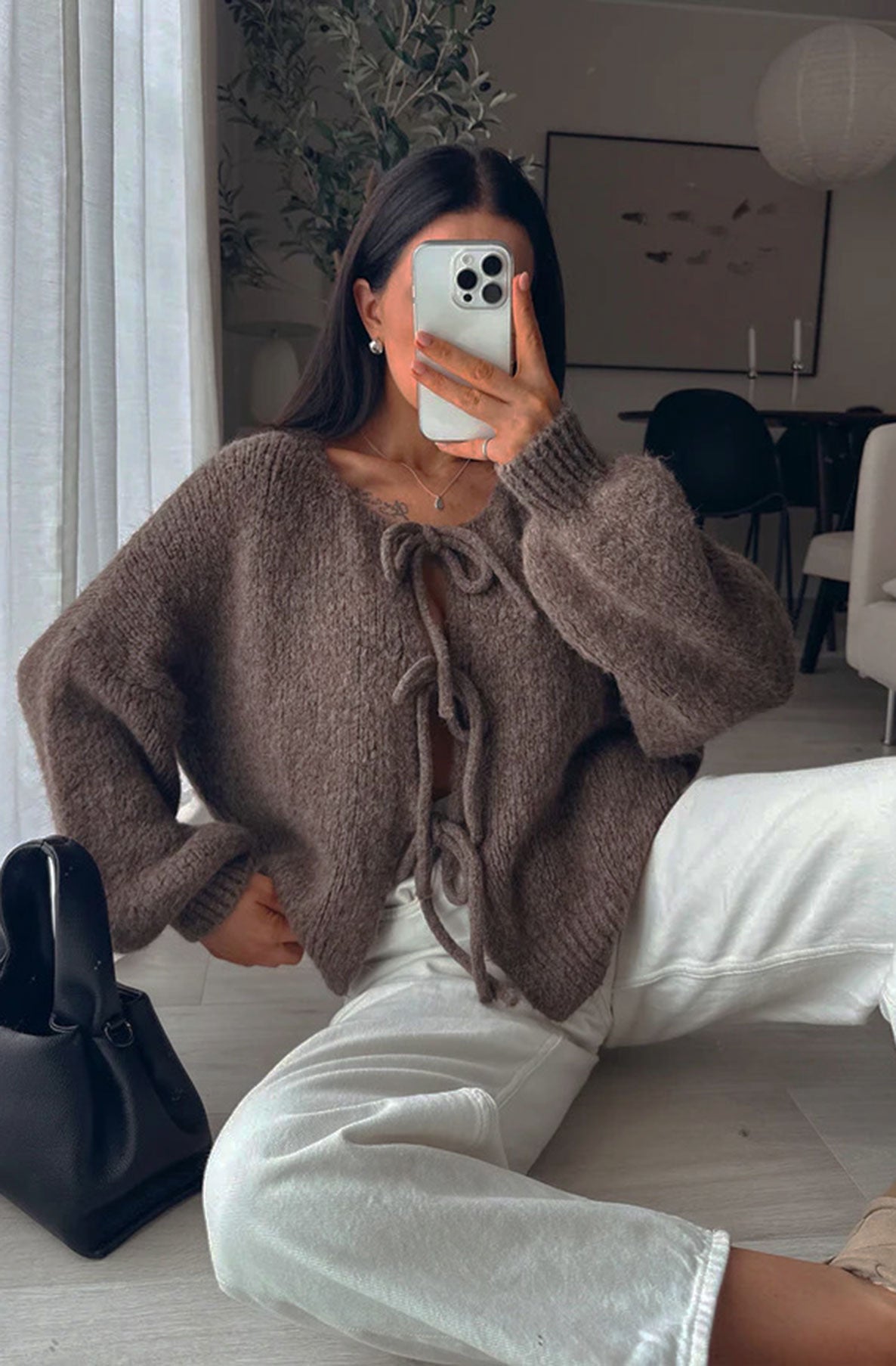 Meredith Tie-Up Knitted Cardigan-Brown - Main Image