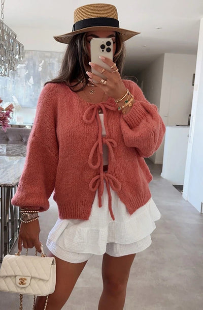 Meredith Tie-Up Knitted Cardigan-Coral