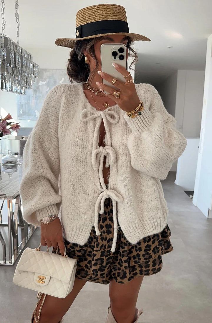 Meredith Tie-Up Knitted Cardigan-Cream - Main Image