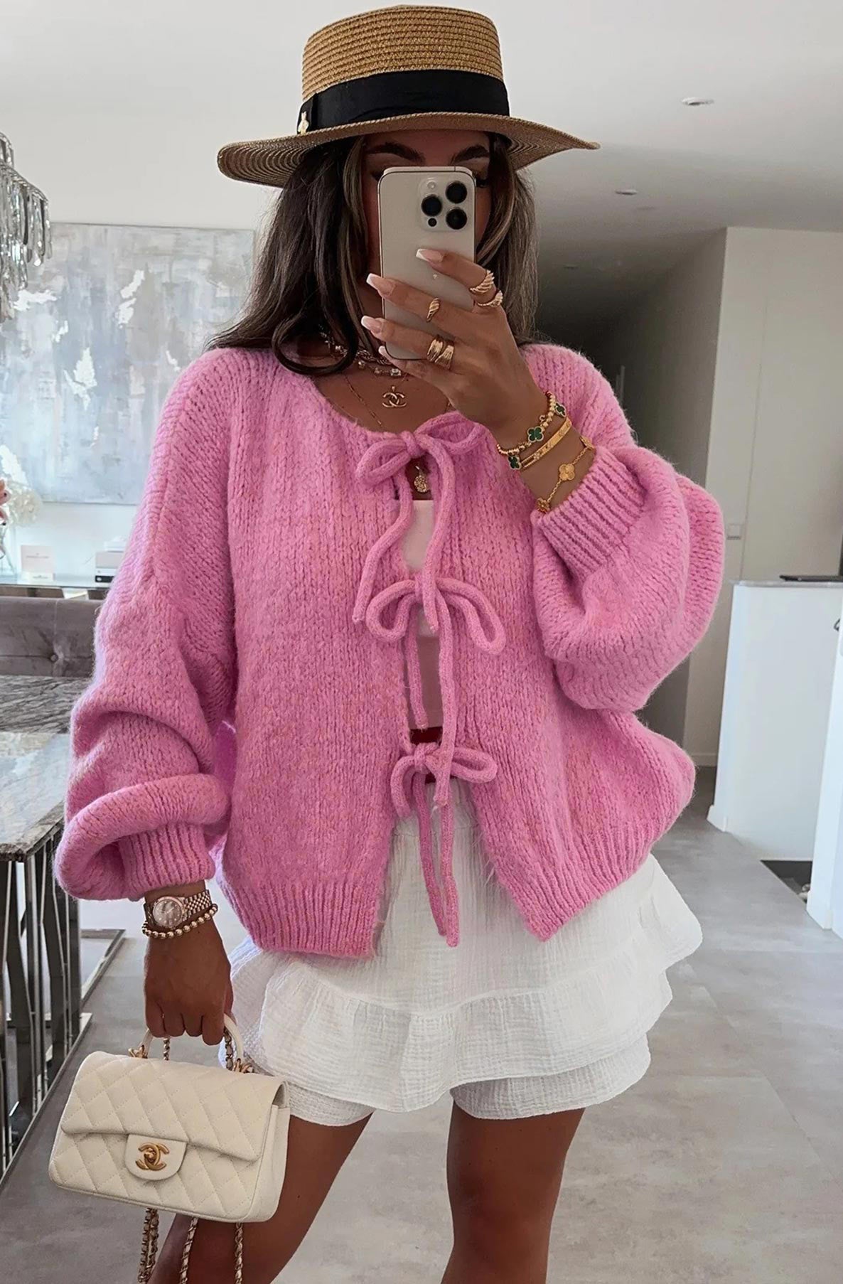 Meredith Tie-Up Knitted Cardigan-Pink
