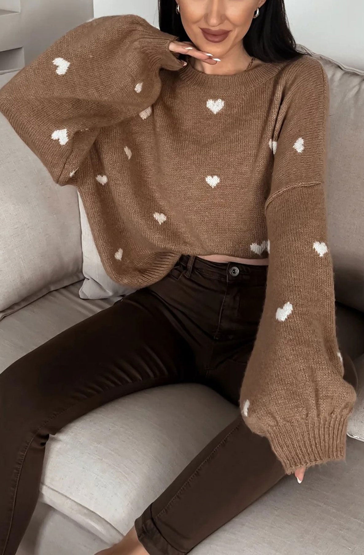 Merika 'Heart' Printed Knitted Jumper Sweater-Chocolate