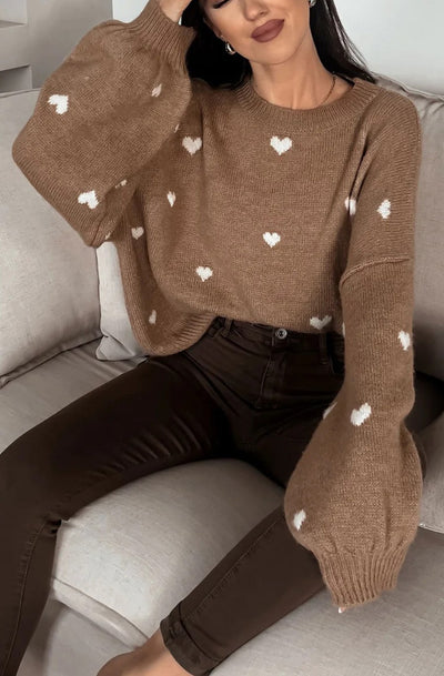 Merika 'Heart' Printed Knitted Jumper Sweater-Chocolate