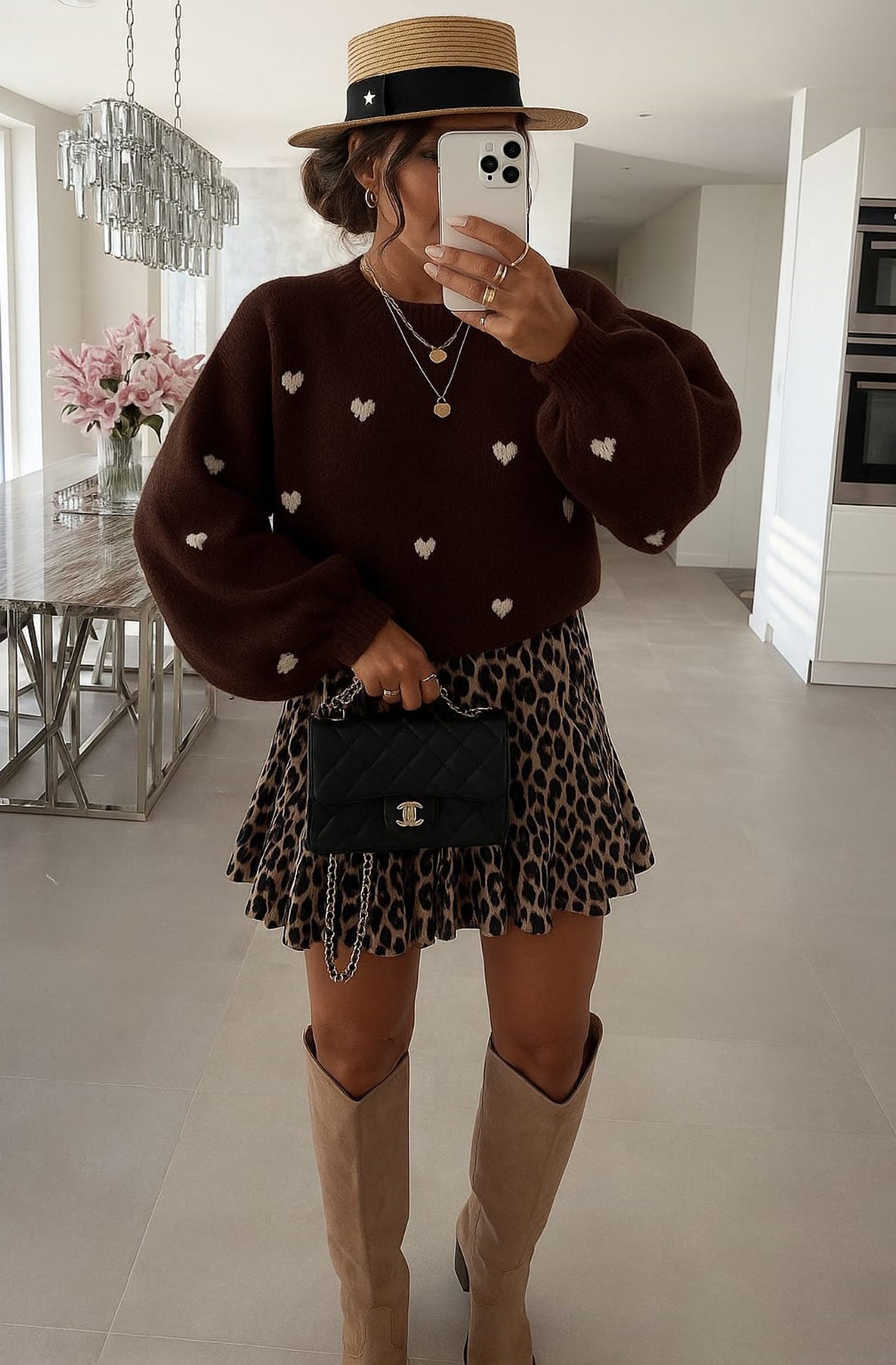 Merika 'Heart' Printed Knitted Jumper Sweater-Dark Brown