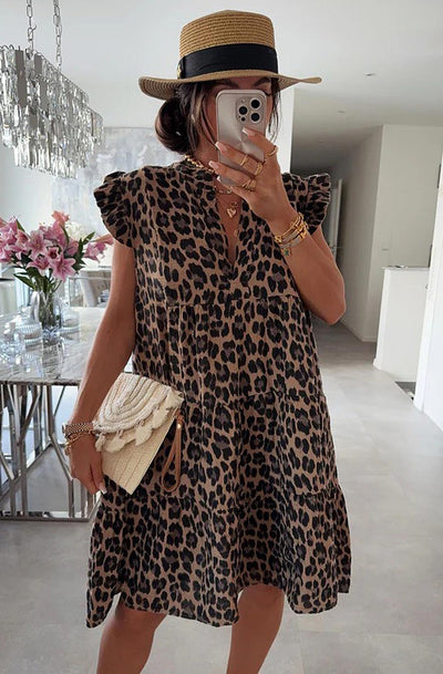 Mika Leopard Ruffle Frill Sleeve Cotton Gauze Style Smock Dress-Brown