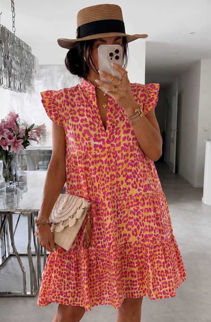 Mika Leopard Ruffle Frill Sleeve Cotton Gauze Style Smock Dress