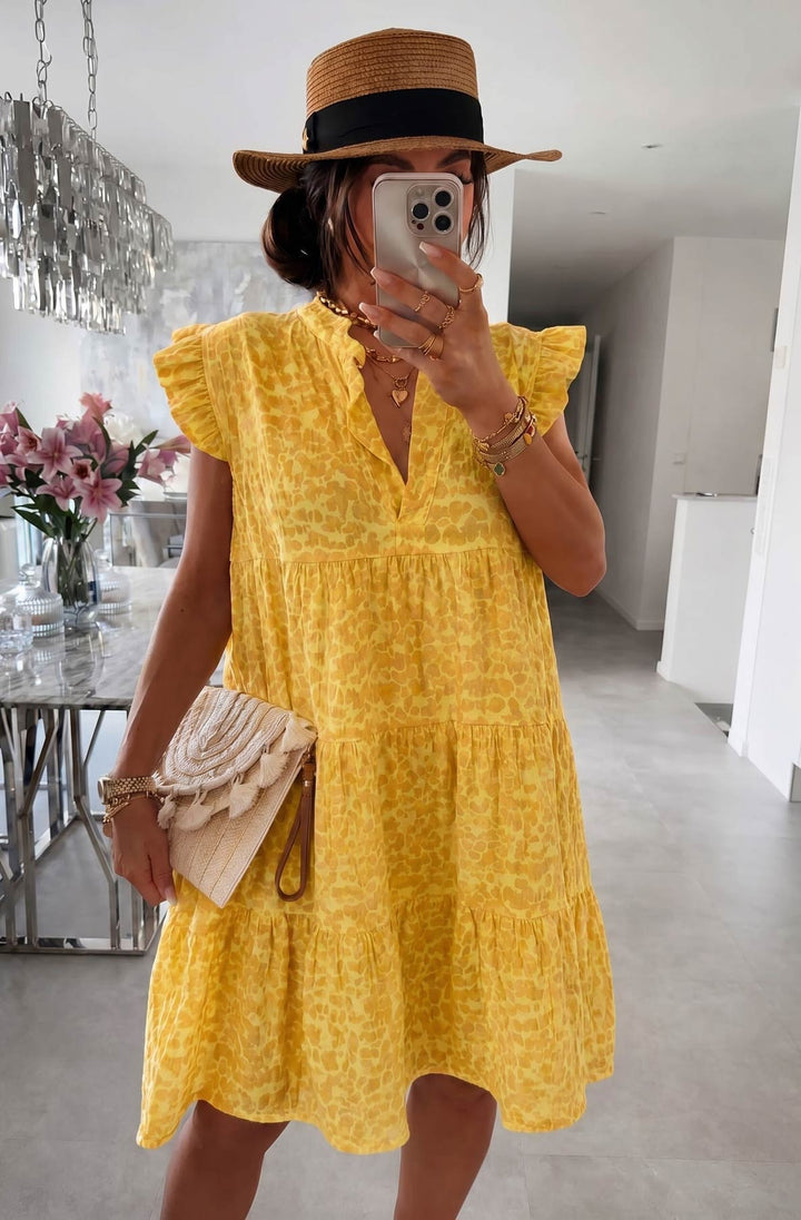 Mika Leopard Ruffle Frill Sleeve Cotton Gauze Style Smock Dress
