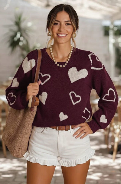 Mila Contrast Heart Sweater Jumper-Wine