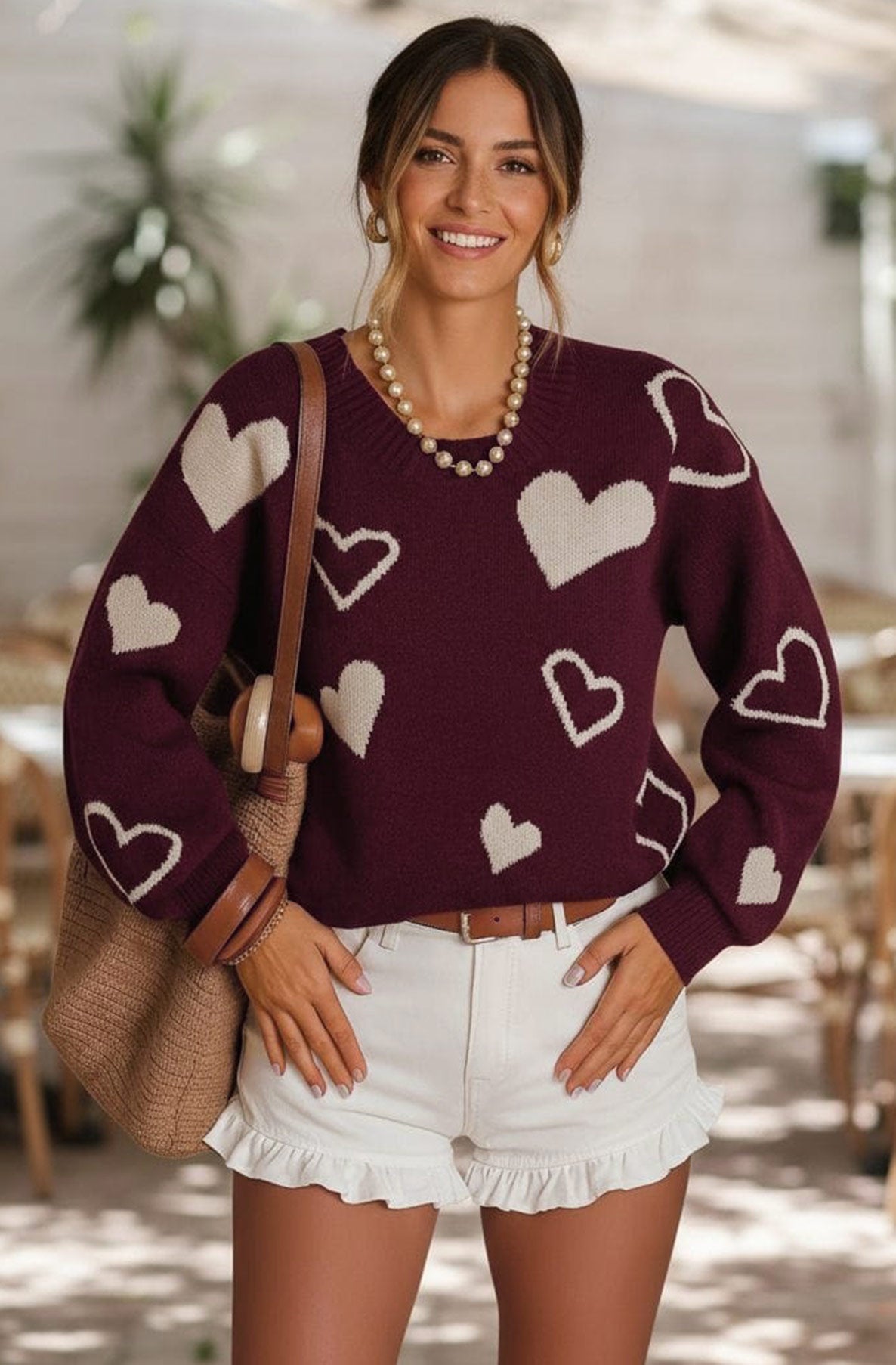 Mila Contrast Heart Sweater Jumper-Wine