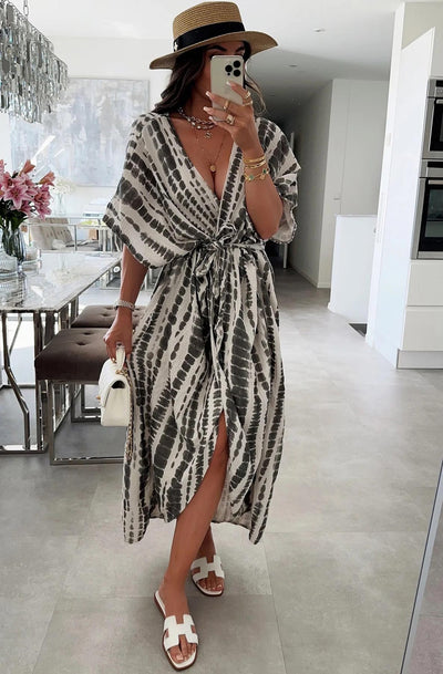 Mira Tie-Dye Open Front Wrap Cotton Gauze Style Midaxi Dress-Black