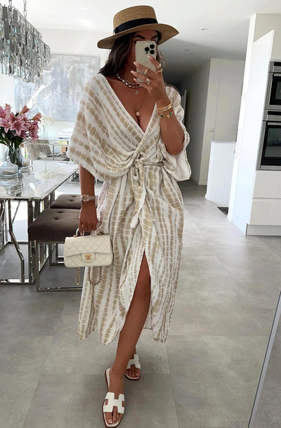 Mira Tie-Dye Open Front Wrap Midaxi Dress-Stone