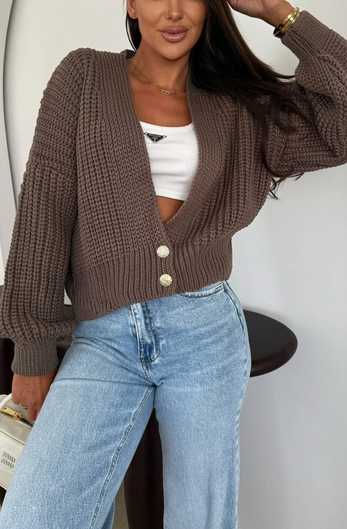 Miranda Cropped Knitted Cardigan-Charcoal